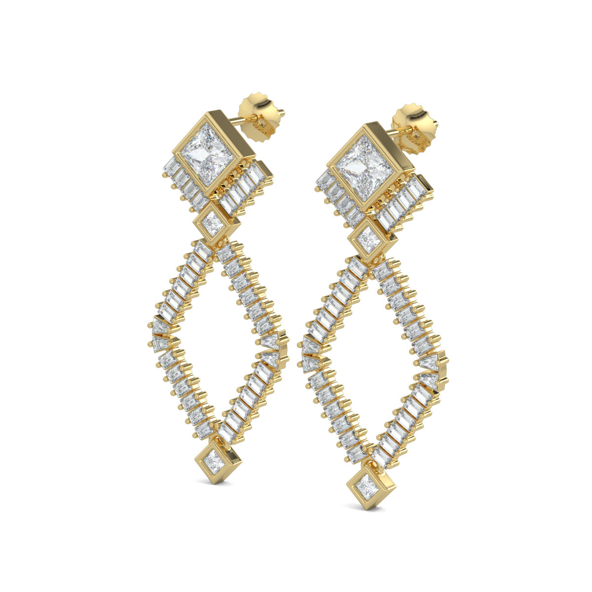 Yellow Gold, Diamond Earrings, Natural diamond earrings, Lab-grown diamond earrings, Crystal Dream Earrings, mid-length diamond earrings, princess cut diamond, baguette diamonds, elegant earrings, sophisticated jewelry