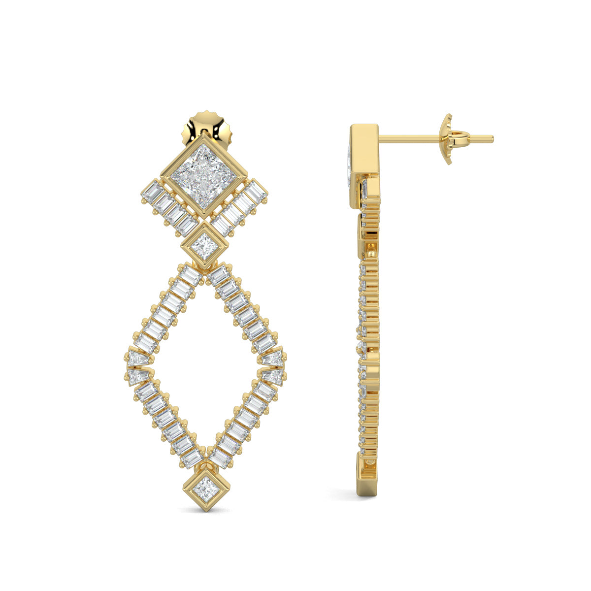 Yellow Gold, Diamond Earrings, Natural diamond earrings, Lab-grown diamond earrings, Crystal Dream Earrings, mid-length diamond earrings, princess cut diamond, baguette diamonds, elegant earrings, sophisticated jewelry