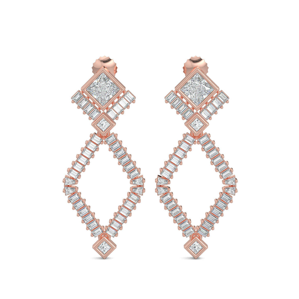Rose Gold, Diamond Earrings, Natural diamond earrings, Lab-grown diamond earrings, Crystal Dream Earrings, mid-length diamond earrings, princess cut diamond, baguette diamonds, elegant earrings, sophisticated jewelry