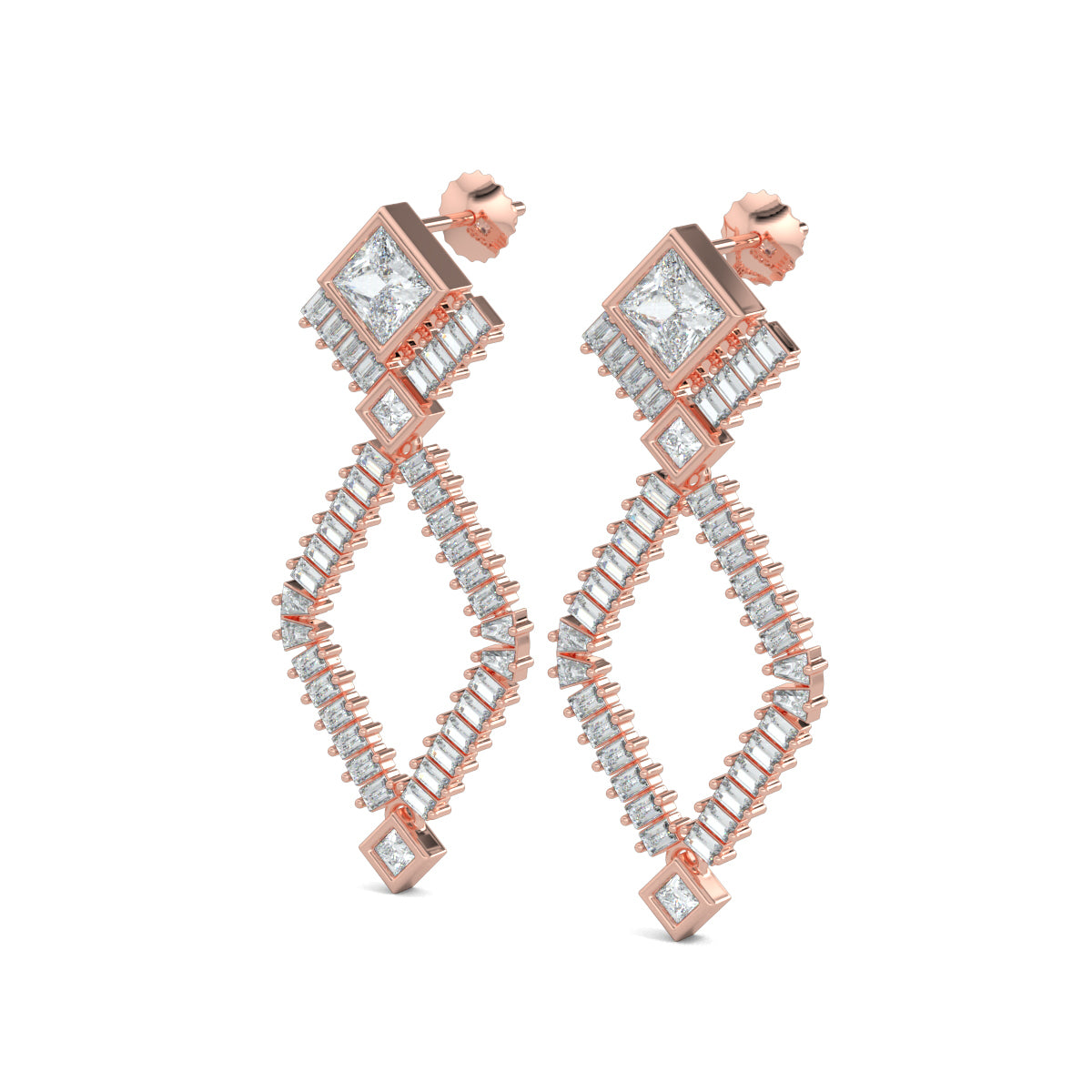 Rose Gold, Diamond Earrings, Natural diamond earrings, Lab-grown diamond earrings, Crystal Dream Earrings, mid-length diamond earrings, princess cut diamond, baguette diamonds, elegant earrings, sophisticated jewelry