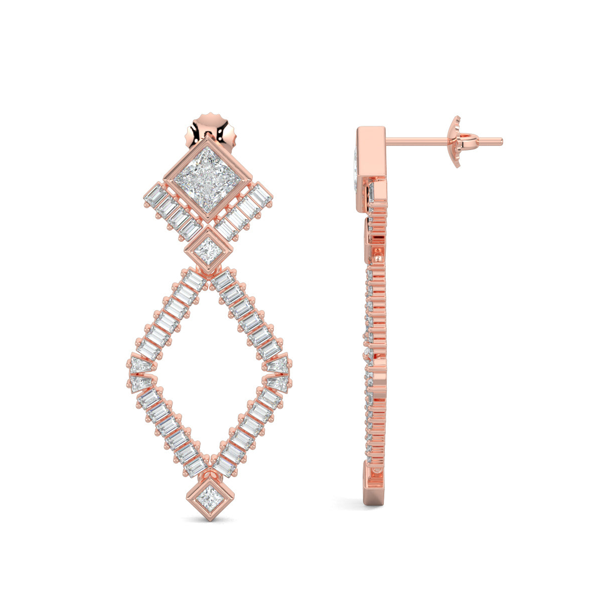 Rose Gold, Diamond Earrings, Natural diamond earrings, Lab-grown diamond earrings, Crystal Dream Earrings, mid-length diamond earrings, princess cut diamond, baguette diamonds, elegant earrings, sophisticated jewelry