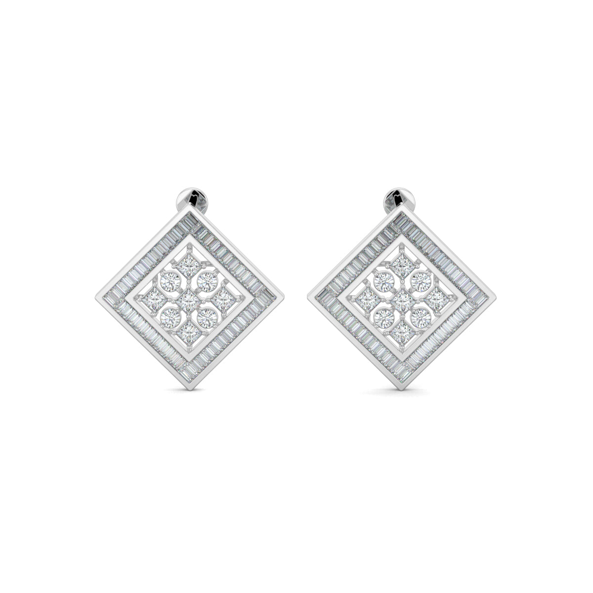 White Gold, Diamond Earrings, Natural diamond stud earrings, Lab-grown diamond stud earrings, petite square shape, baguette channeling, round and princess-cut diamonds, elegant jewelry.