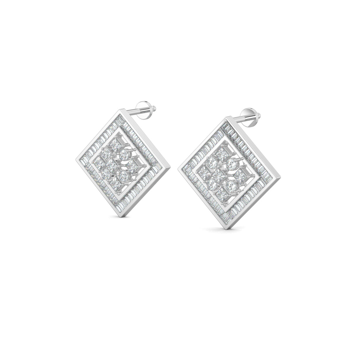 White Gold, Diamond Earrings, Natural diamond stud earrings, Lab-grown diamond stud earrings, petite square shape, baguette channeling, round and princess-cut diamonds, elegant jewelry.