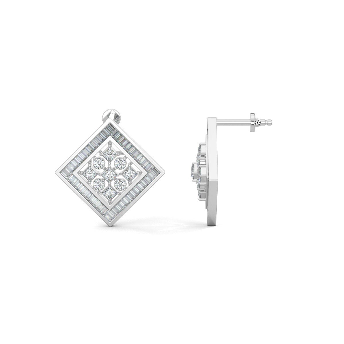 White Gold, Diamond Earrings, Natural diamond stud earrings, Lab-grown diamond stud earrings, petite square shape, baguette channeling, round and princess-cut diamonds, elegant jewelry.