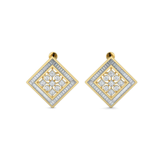 Yellow Gold, Diamond Earrings, Natural diamond stud earrings, Lab-grown diamond stud earrings, petite square shape, baguette channeling, round and princess-cut diamonds, elegant jewelry.