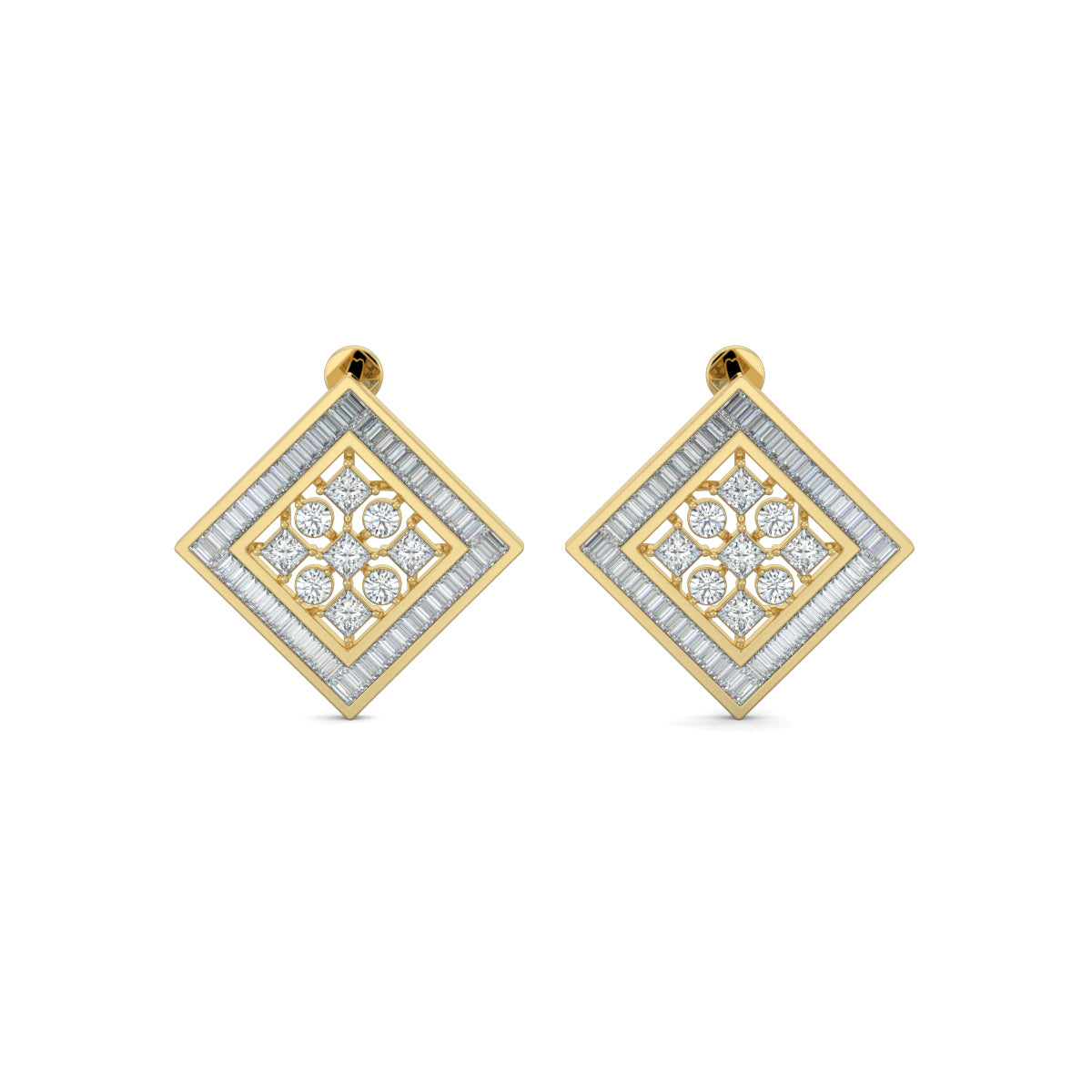 Yellow Gold, Diamond Earrings, Natural diamond stud earrings, Lab-grown diamond stud earrings, petite square shape, baguette channeling, round and princess-cut diamonds, elegant jewelry.