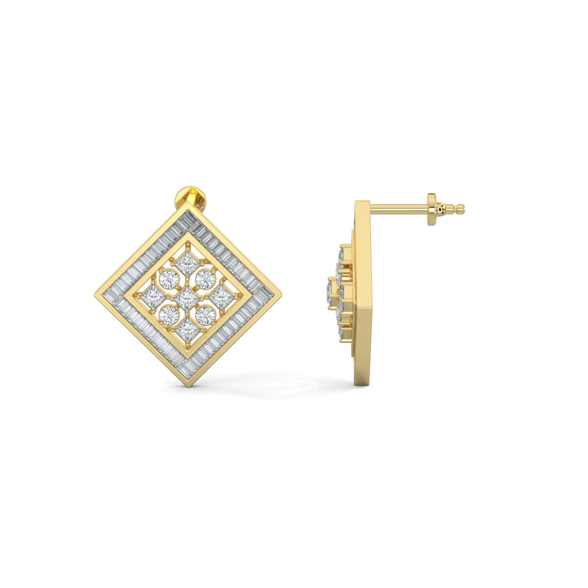 Yellow Gold, Diamond Earrings, Natural diamond stud earrings, Lab-grown diamond stud earrings, petite square shape, baguette channeling, round and princess-cut diamonds, elegant jewelry.