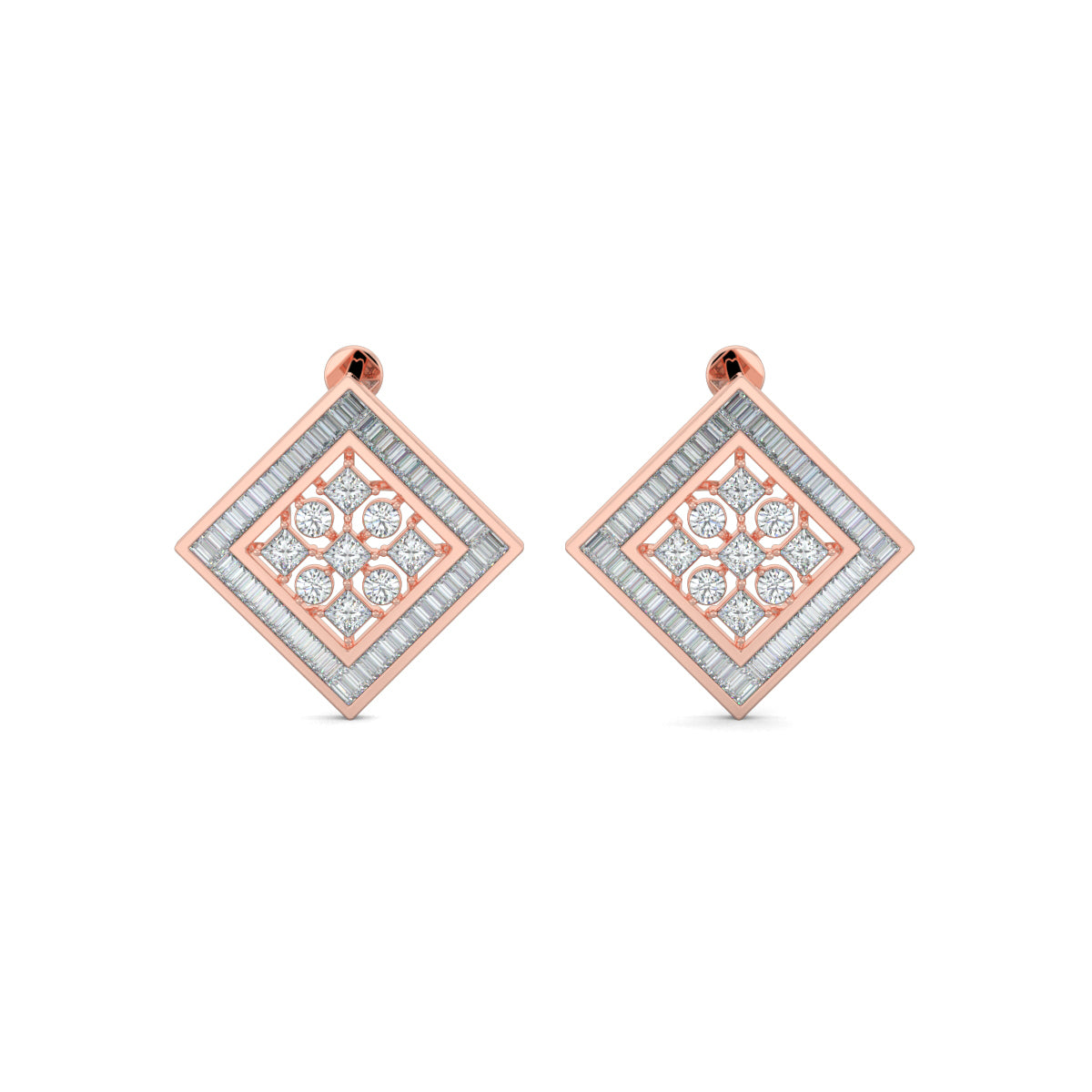 Rose Gold, Diamond Earrings, Natural diamond stud earrings, Lab-grown diamond stud earrings, petite square shape, baguette channeling, round and princess-cut diamonds, elegant jewelry.