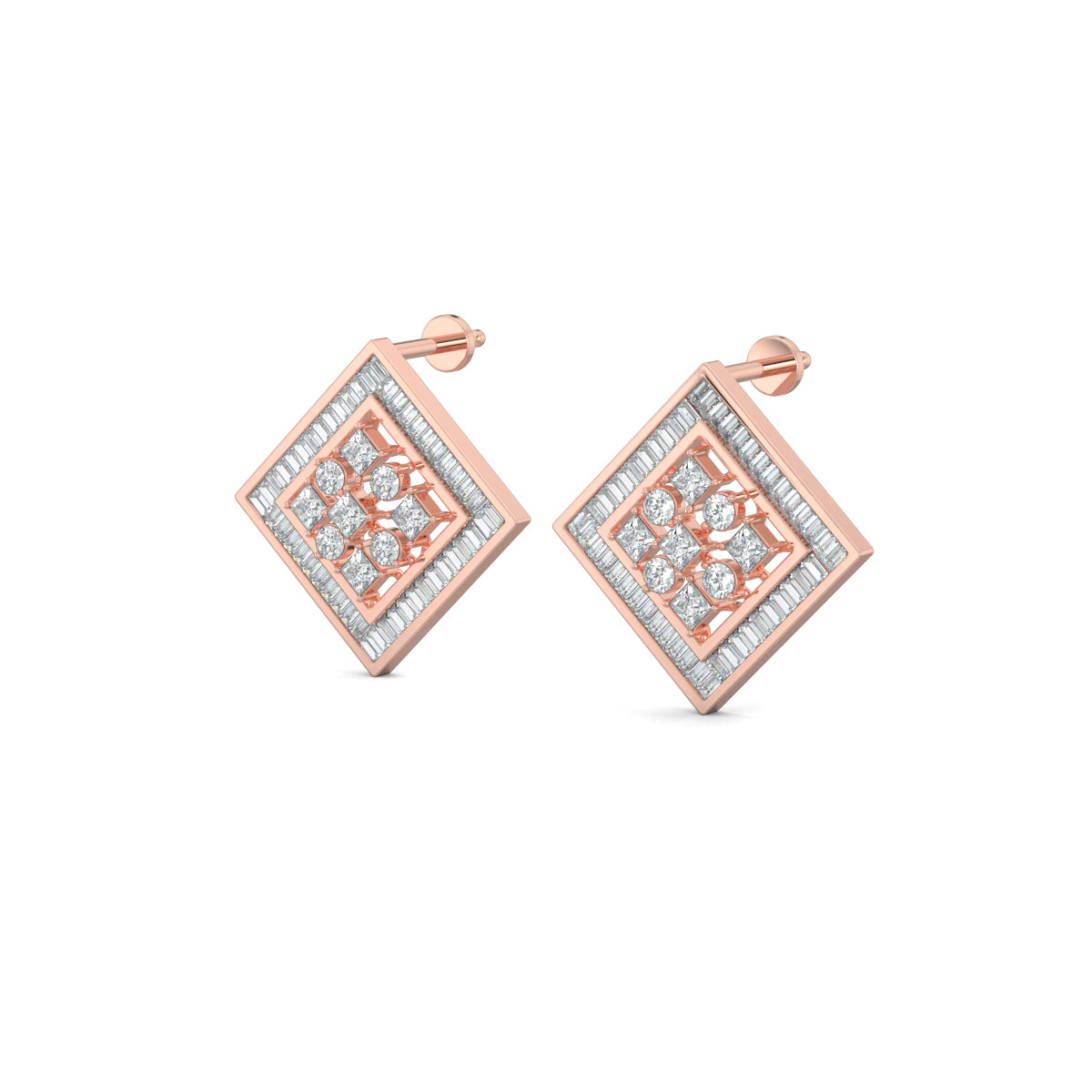 Rose Gold, Diamond Earrings, Natural diamond stud earrings, Lab-grown diamond stud earrings, petite square shape, baguette channeling, round and princess-cut diamonds, elegant jewelry.