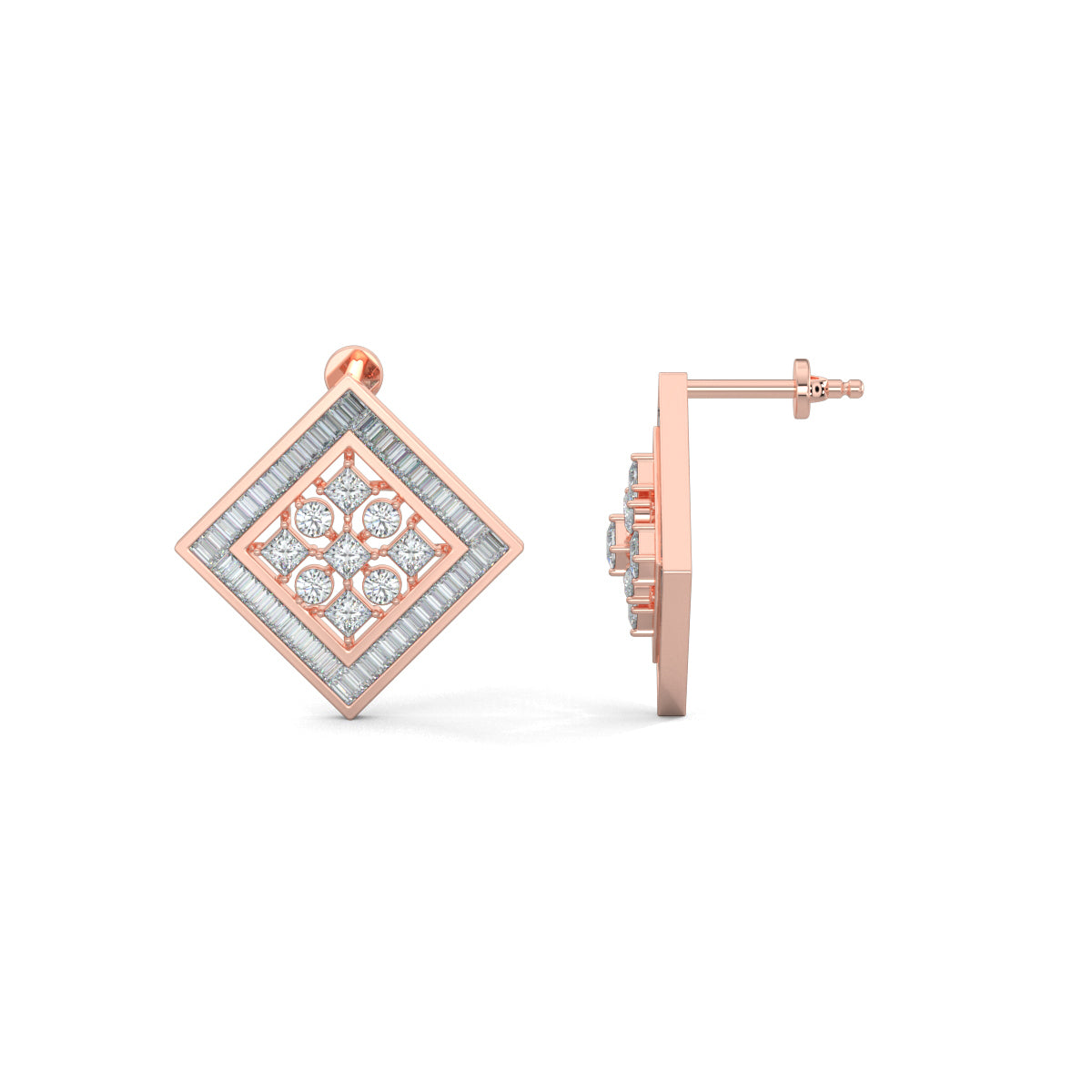 Rose Gold, Diamond Earrings, Natural diamond stud earrings, Lab-grown diamond stud earrings, petite square shape, baguette channeling, round and princess-cut diamonds, elegant jewelry.