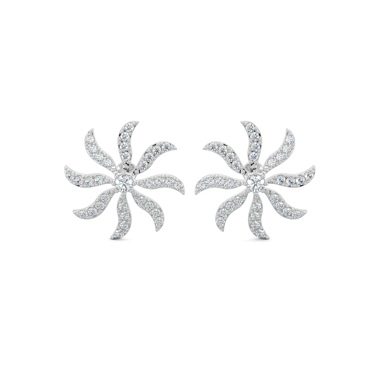 White Gold, Diamond Earrings, Whirling diamond studs, lab-grown diamonds, spinning fan earrings, pave setting earrings, round diamond studs, elegant diamond earrings