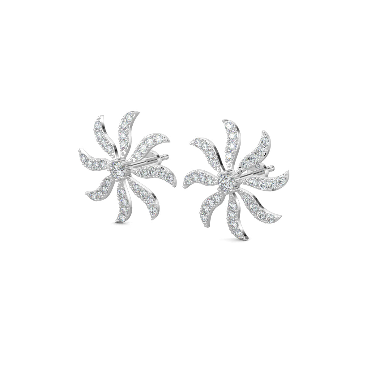 White Gold, Diamond Earrings, Whirling diamond studs, lab-grown diamonds, spinning fan earrings, pave setting earrings, round diamond studs, elegant diamond earrings