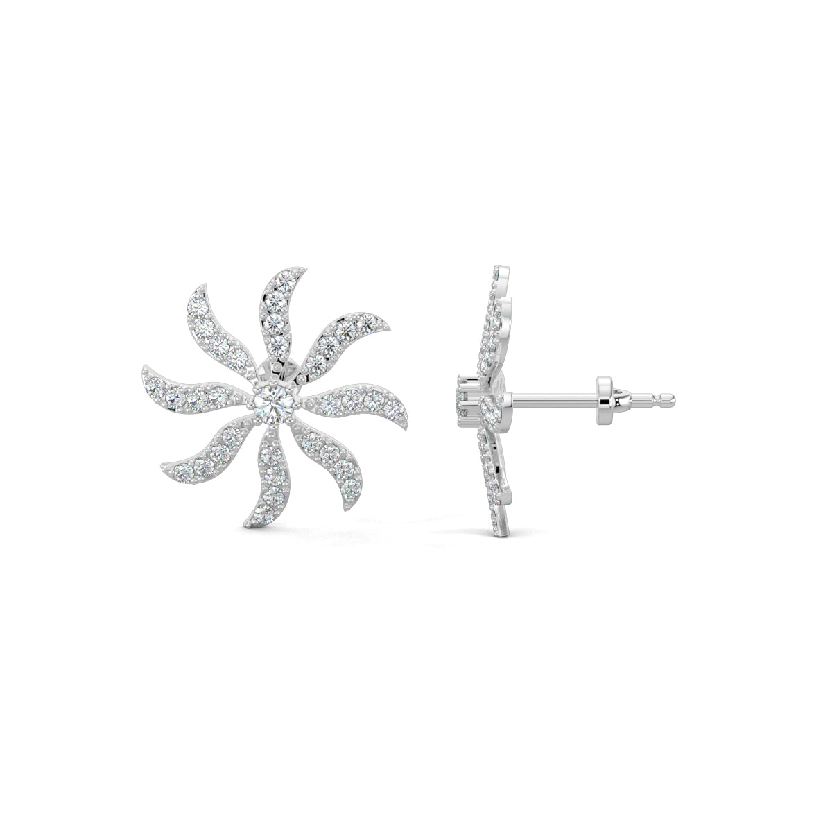 White Gold, Diamond Earrings, Whirling diamond studs, lab-grown diamonds, spinning fan earrings, pave setting earrings, round diamond studs, elegant diamond earrings
