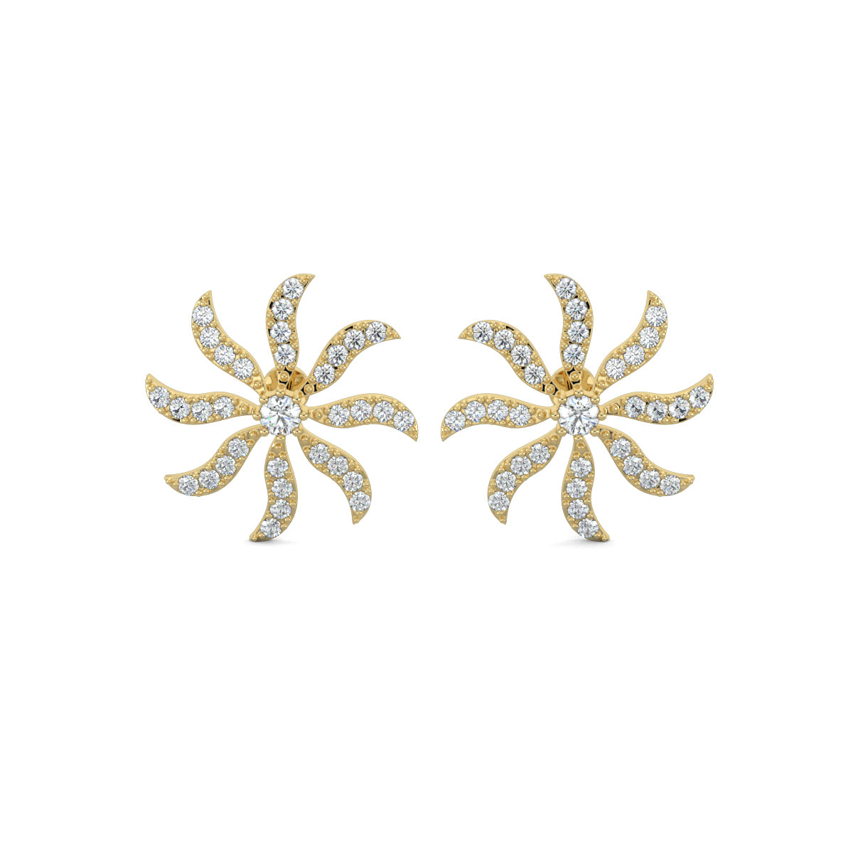 Yellow Gold, Diamond Earrings, Whirling diamond studs, lab-grown diamonds, spinning fan earrings, pave setting earrings, round diamond studs, elegant diamond earrings