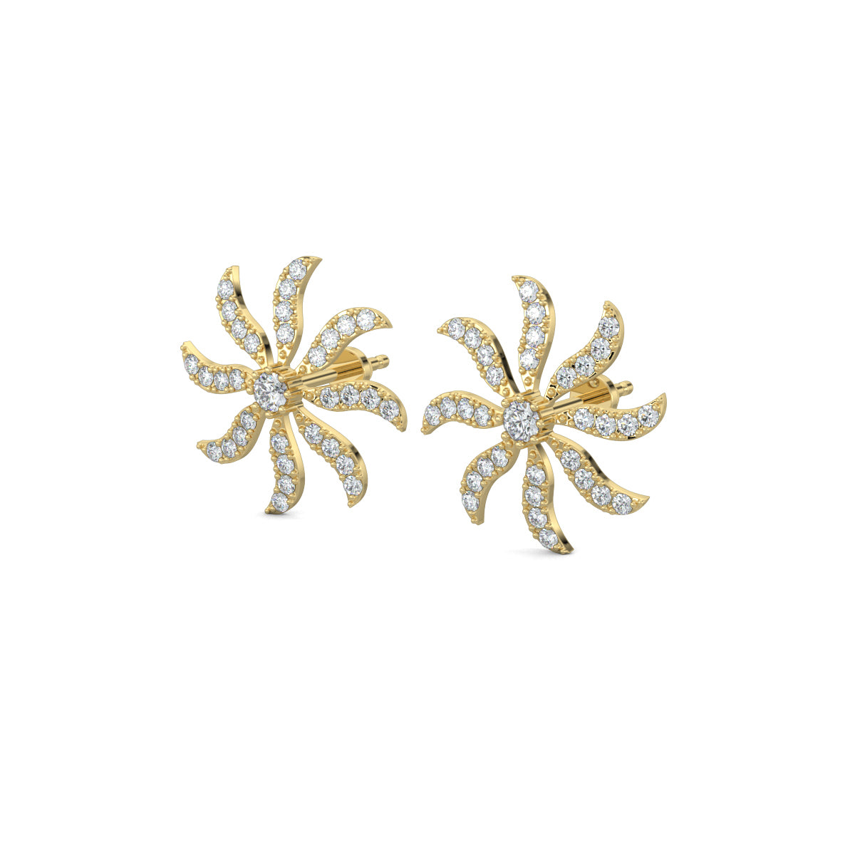 Yellow Gold, Diamond Earrings, Whirling diamond studs, lab-grown diamonds, spinning fan earrings, pave setting earrings, round diamond studs, elegant diamond earrings
