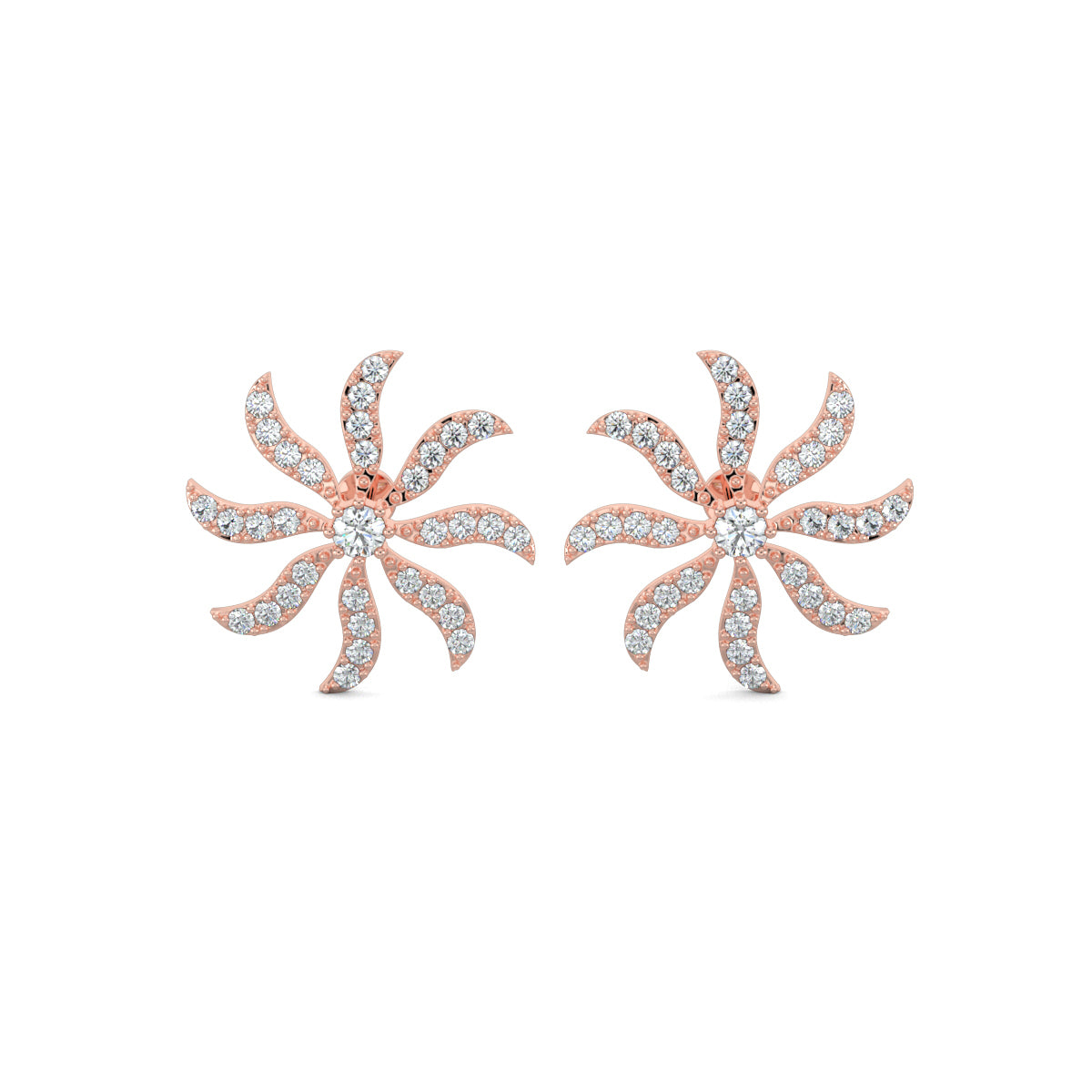 Rose Gold, Diamond Earrings, Whirling diamond studs, lab-grown diamonds, spinning fan earrings, pave setting earrings, round diamond studs, elegant diamond earrings