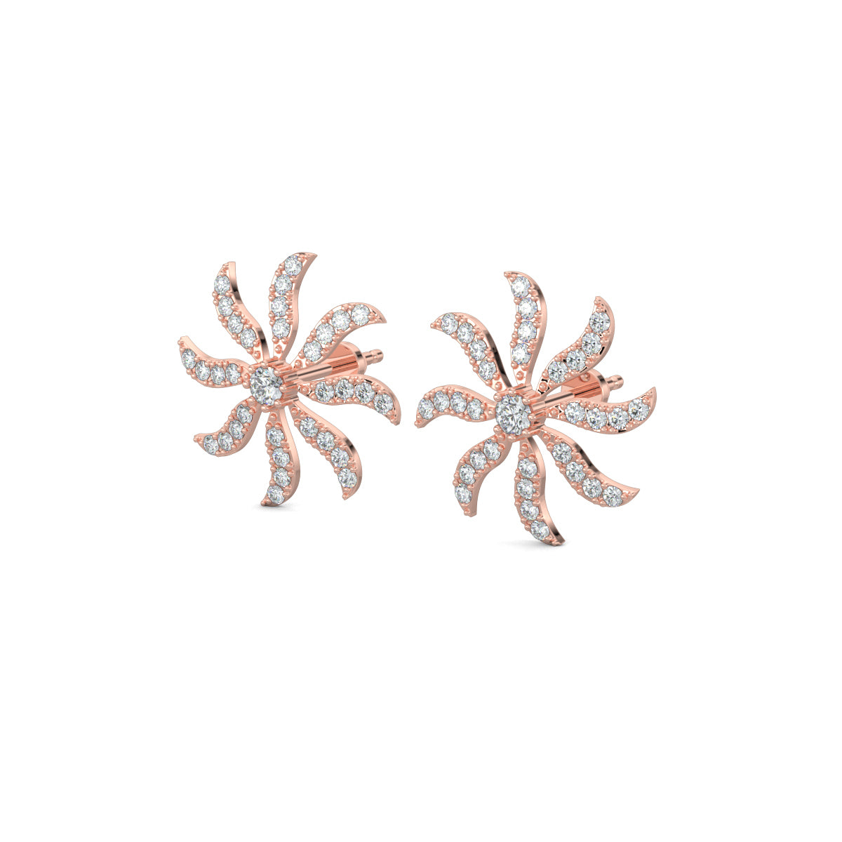 Rose Gold, Diamond Earrings, Whirling diamond studs, lab-grown diamonds, spinning fan earrings, pave setting earrings, round diamond studs, elegant diamond earrings