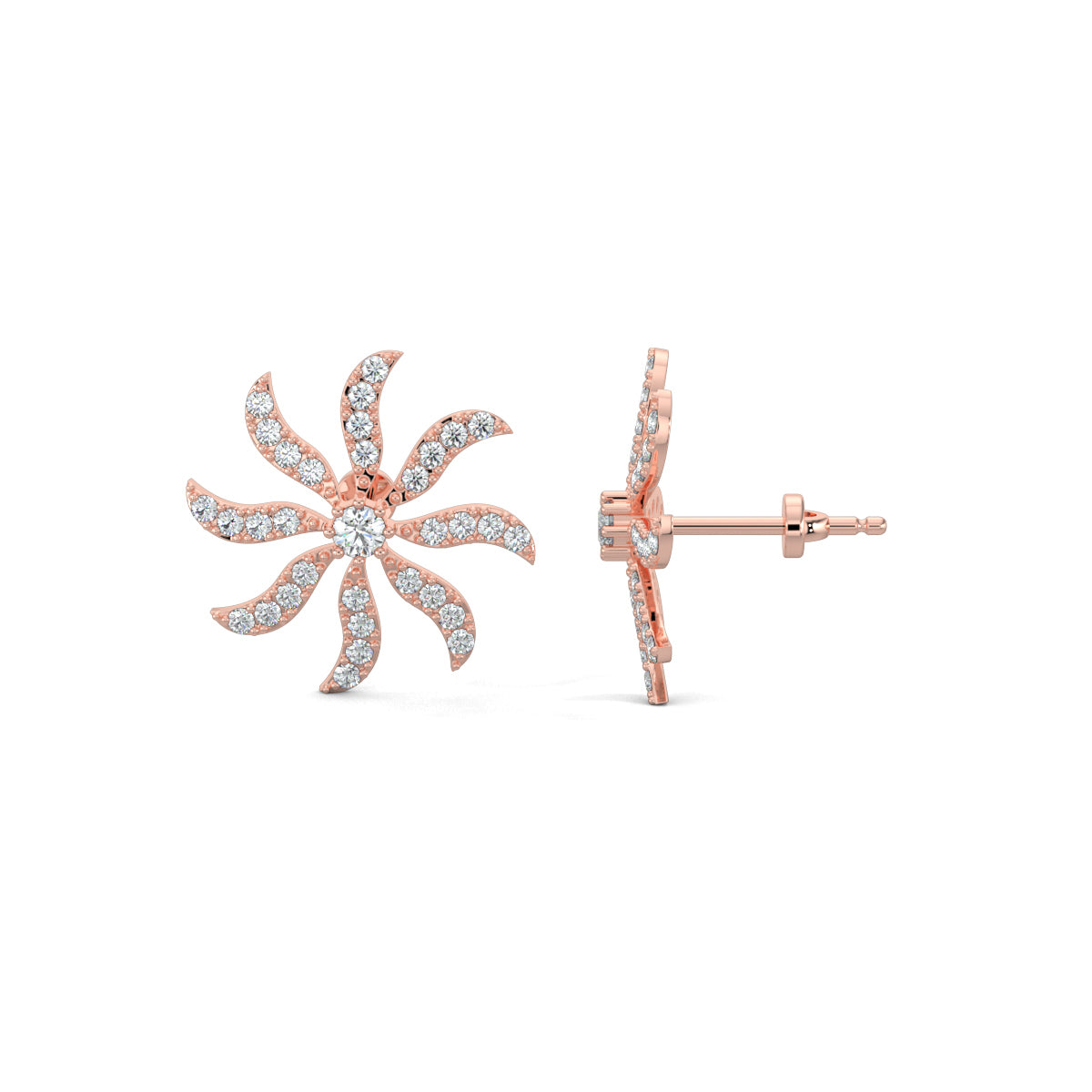 Rose Gold, Diamond Earrings, Whirling diamond studs, lab-grown diamonds, spinning fan earrings, pave setting earrings, round diamond studs, elegant diamond earrings