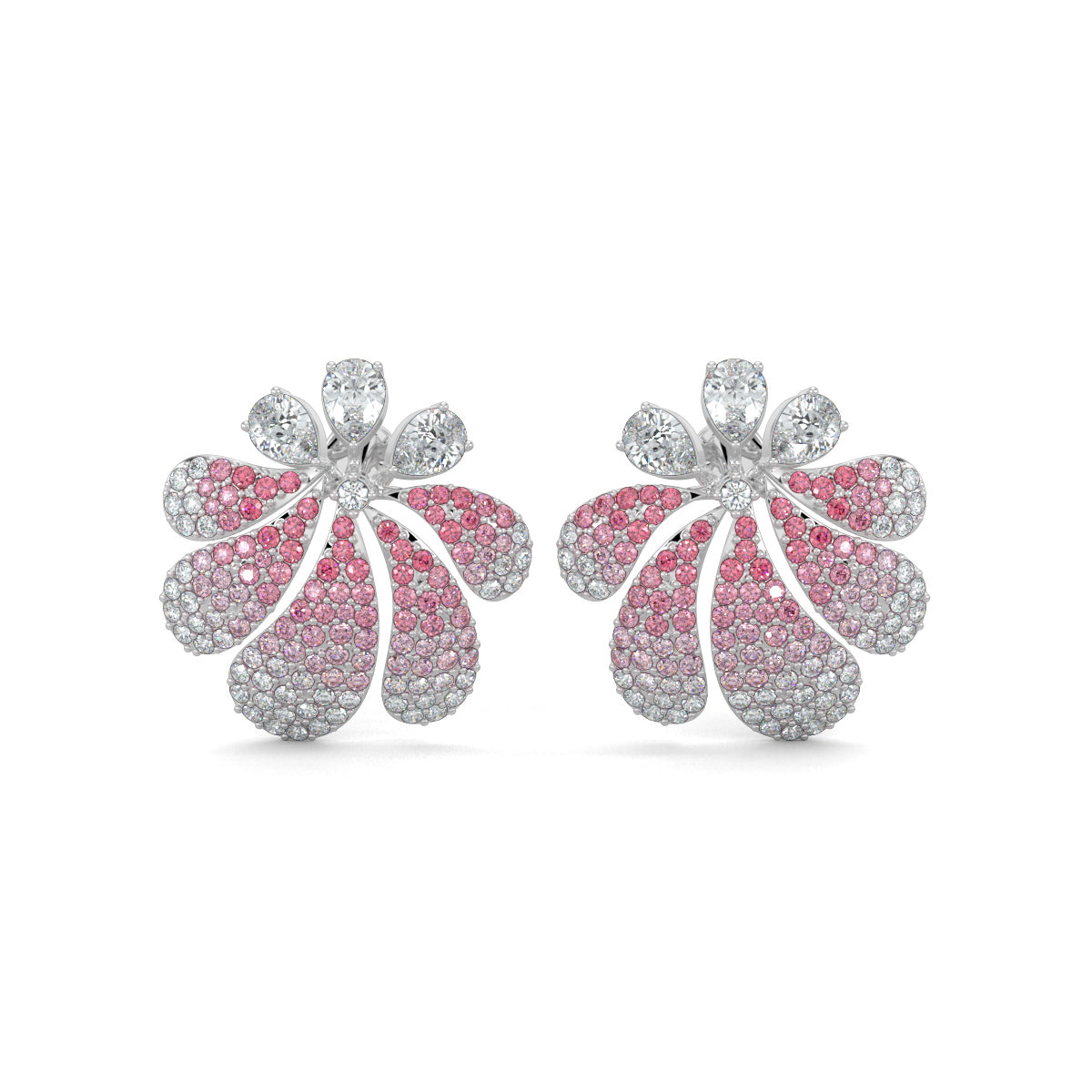 White Gold, Diamond Earrings, Midnight Bloom Earrings, Natural Diamonds, Lab-Grown Diamonds, Blossoming Flower, Pear Diamonds, Ruby Petals, Gradient Effect, Jewelry, Midnight Garden