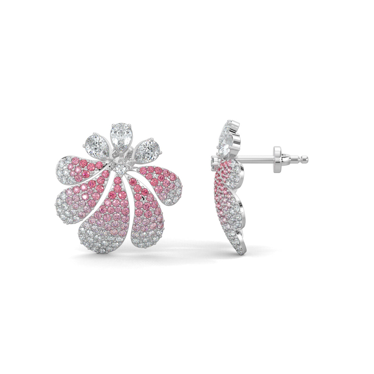 White Gold, Diamond Earrings, Midnight Bloom Earrings, Natural Diamonds, Lab-Grown Diamonds, Blossoming Flower, Pear Diamonds, Ruby Petals, Gradient Effect, Jewelry, Midnight Garden