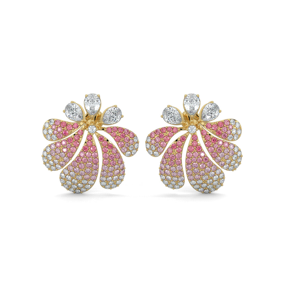 Yellow Gold, Diamond Earrings, Midnight Bloom Earrings, Natural Diamonds, Lab-Grown Diamonds, Blossoming Flower, Pear Diamonds, Ruby Petals, Gradient Effect, Jewelry, Midnight Garden