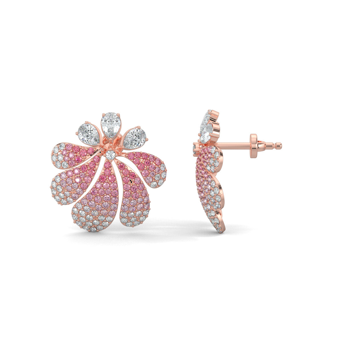 Rose Gold, Diamond Earrings, Midnight Bloom Earrings, Natural Diamonds, Lab-Grown Diamonds, Blossoming Flower, Pear Diamonds, Ruby Petals, Gradient Effect, Jewelry, Midnight Garden
