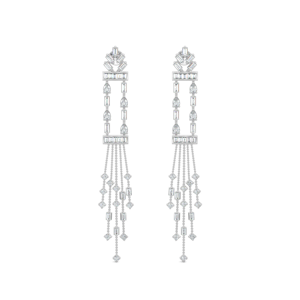 White Gold, Diamond Earrings, Diamond Dangler Earrings, Natural Diamonds, Lab-Grown Diamonds, Long Length Earrings, Baugette Diamonds, Pear Diamonds, Luxury Jewelry, Elegant Accessories
