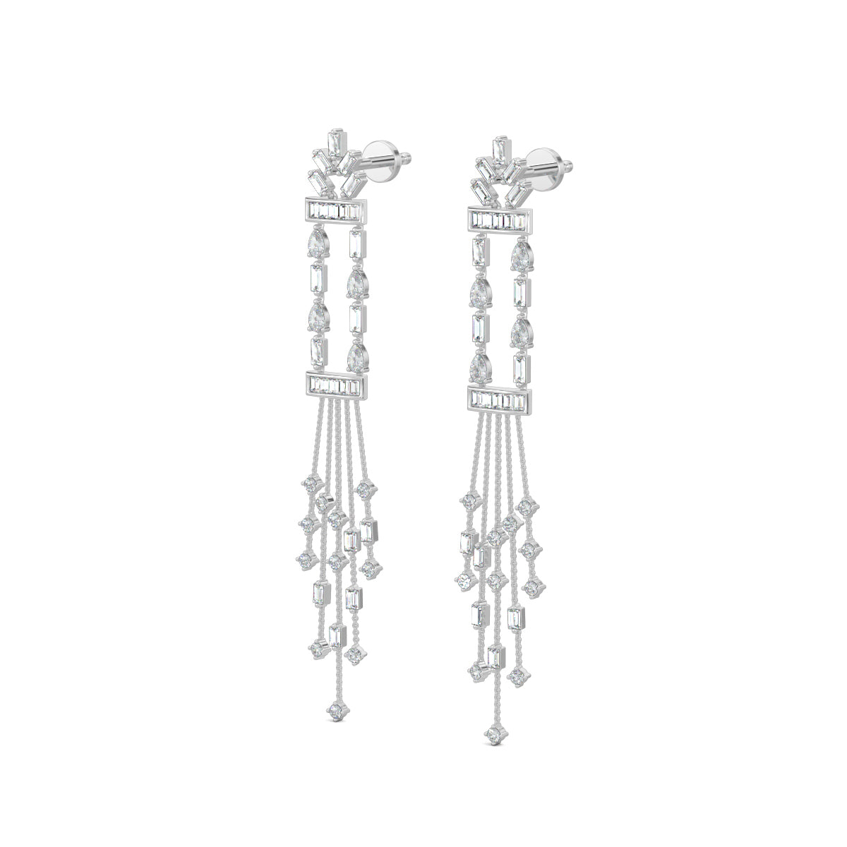 White Gold, Diamond Earrings, Diamond Dangler Earrings, Natural Diamonds, Lab-Grown Diamonds, Long Length Earrings, Baugette Diamonds, Pear Diamonds, Luxury Jewelry, Elegant Accessories