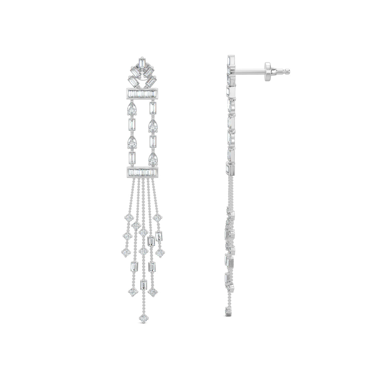 White Gold, Diamond Earrings, Diamond Dangler Earrings, Natural Diamonds, Lab-Grown Diamonds, Long Length Earrings, Baugette Diamonds, Pear Diamonds, Luxury Jewelry, Elegant Accessories