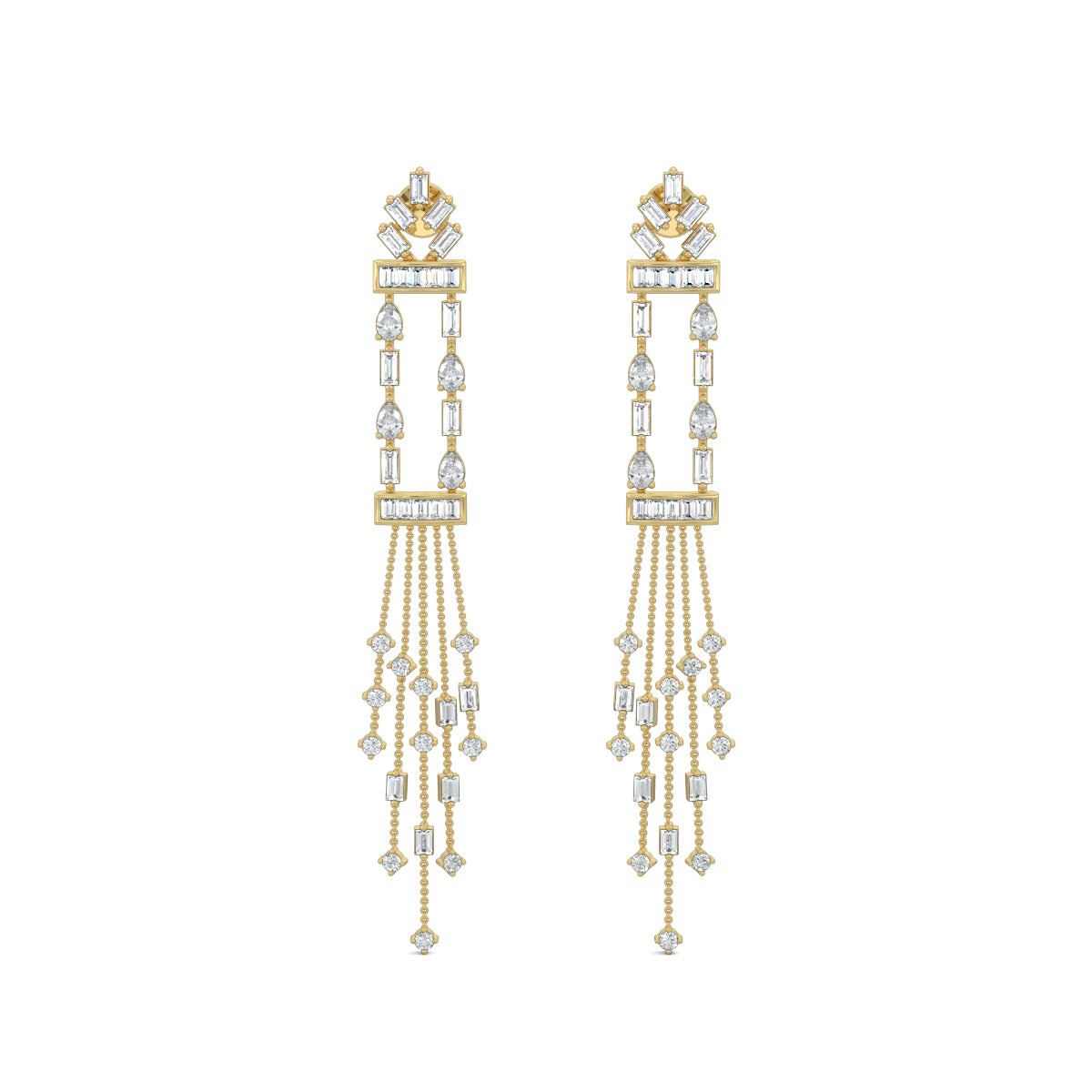 Yellow Gold, Diamond Earrings, Diamond Dangler Earrings, Natural Diamonds, Lab-Grown Diamonds, Long Length Earrings, Baugette Diamonds, Pear Diamonds, Luxury Jewelry, Elegant Accessories