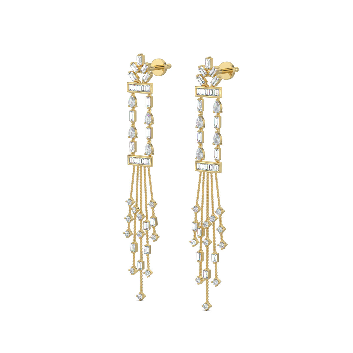 Yellow Gold, Diamond Earrings, Diamond Dangler Earrings, Natural Diamonds, Lab-Grown Diamonds, Long Length Earrings, Baugette Diamonds, Pear Diamonds, Luxury Jewelry, Elegant Accessories