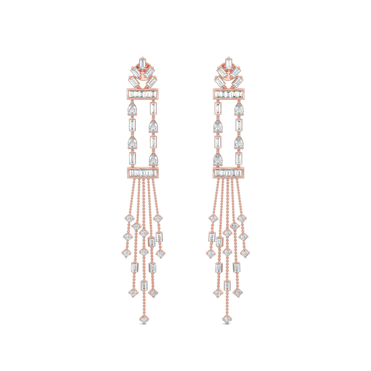 Rose Gold, Diamond Earrings, Diamond Dangler Earrings, Natural Diamonds, Lab-Grown Diamonds, Long Length Earrings, Baugette Diamonds, Pear Diamonds, Luxury Jewelry, Elegant Accessories