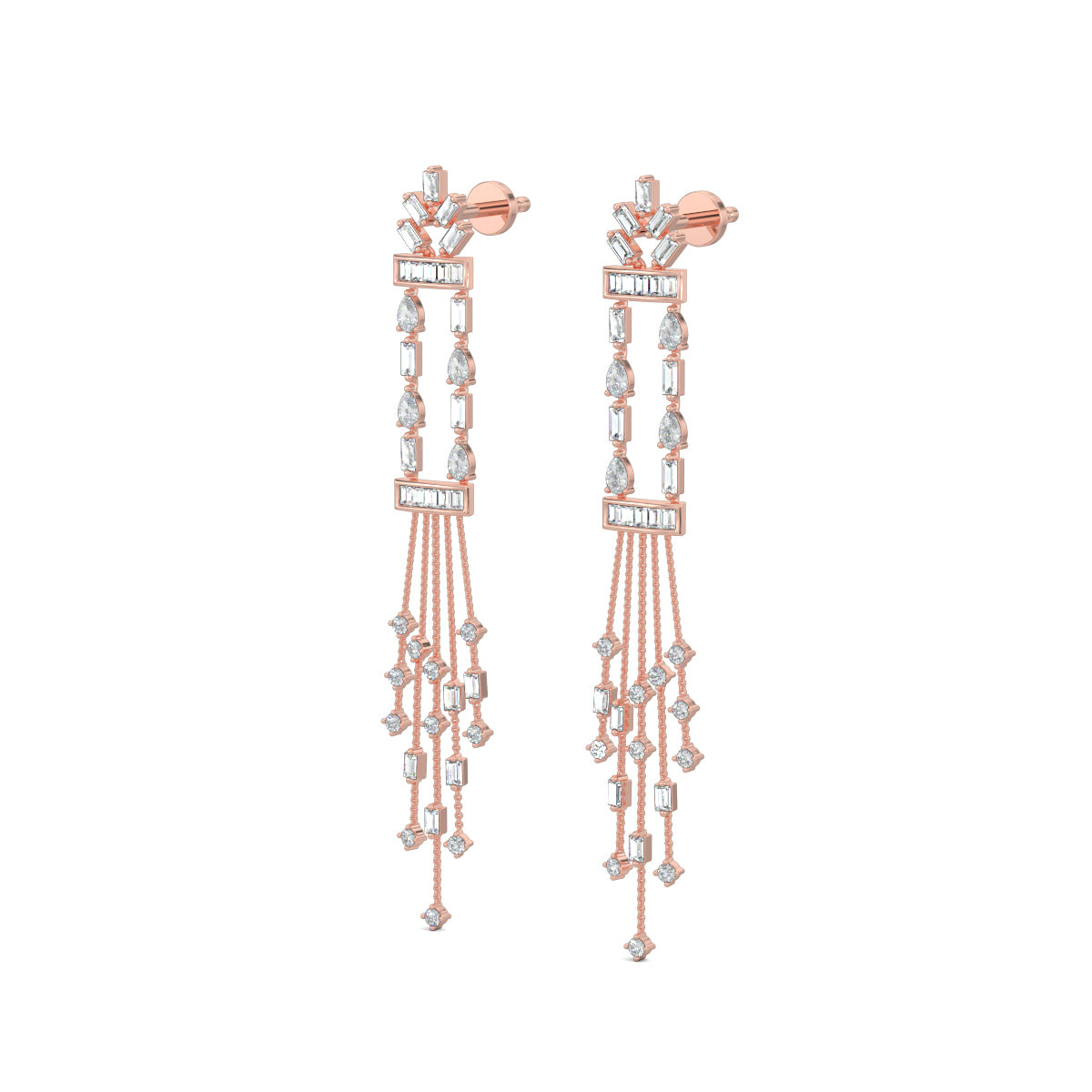 Rose Gold, Diamond Earrings, Diamond Dangler Earrings, Natural Diamonds, Lab-Grown Diamonds, Long Length Earrings, Baugette Diamonds, Pear Diamonds, Luxury Jewelry, Elegant Accessories