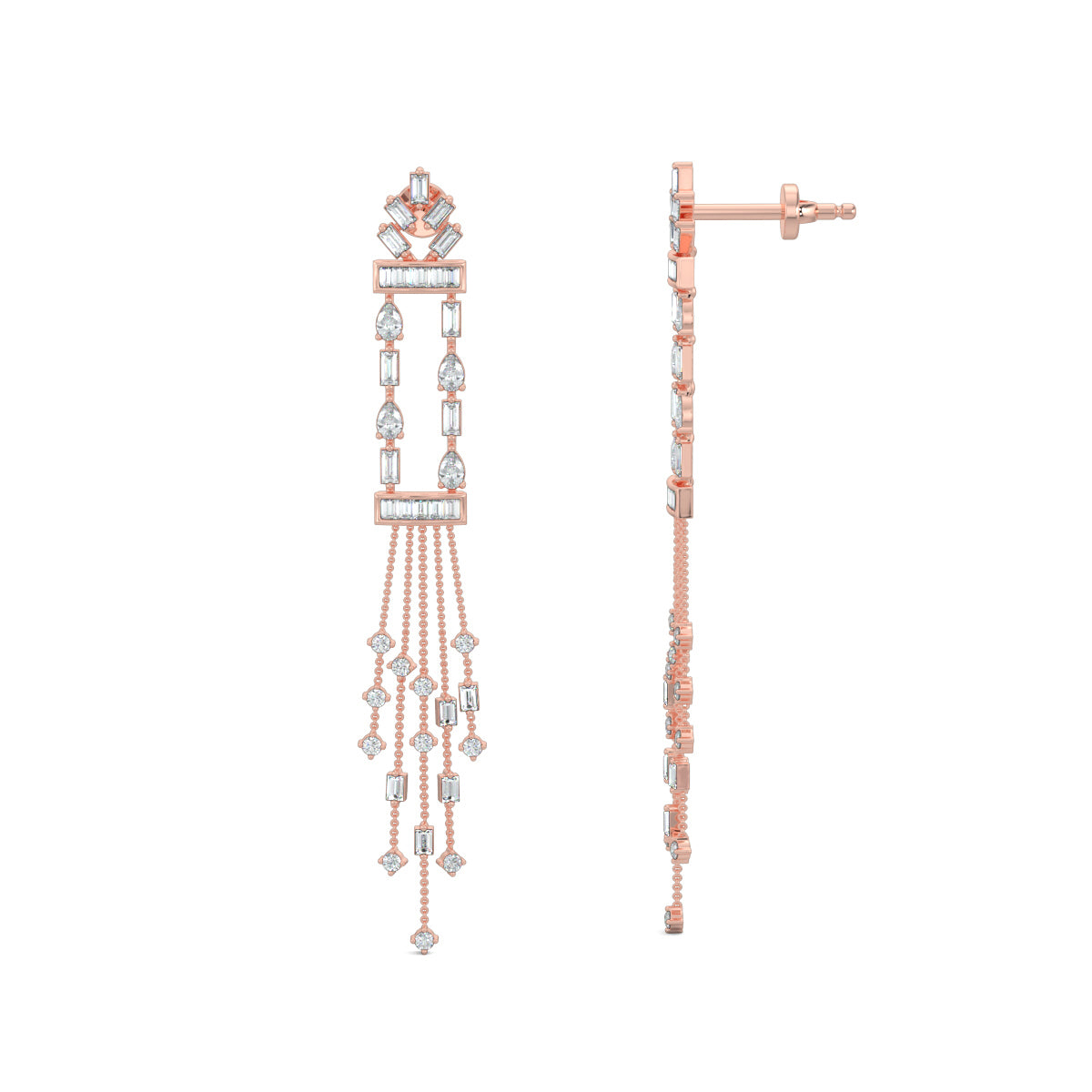 Rose Gold, Diamond Earrings, Diamond Dangler Earrings, Natural Diamonds, Lab-Grown Diamonds, Long Length Earrings, Baugette Diamonds, Pear Diamonds, Luxury Jewelry, Elegant Accessories