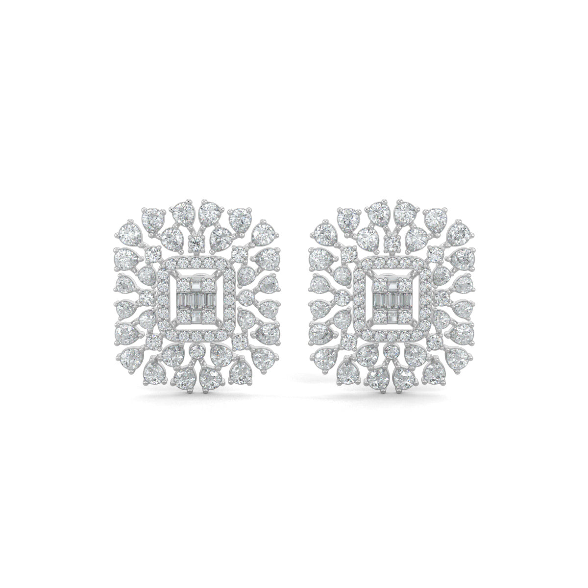 White Gold, Diamond Earrings, Natural diamond earrings, Lab-grown diamond earrings, Stud earrings, Luminescent cuts, Pear diamonds, Round diamonds, Baguette diamonds, LuminescentCutsStuds, Diamond jewelry, Elegant earrings