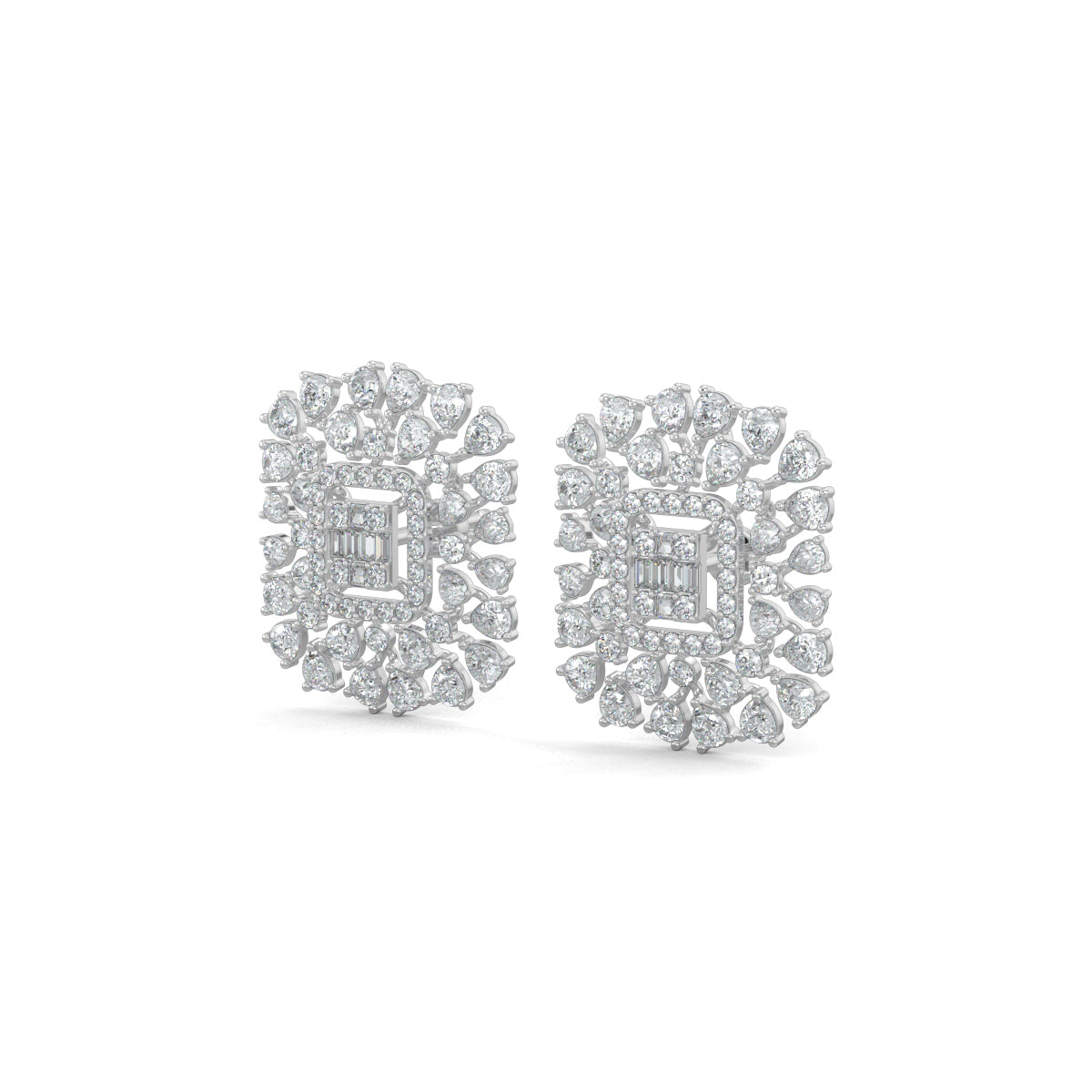 White Gold, Diamond Earrings, Natural diamond earrings, Lab-grown diamond earrings, Stud earrings, Luminescent cuts, Pear diamonds, Round diamonds, Baguette diamonds, LuminescentCutsStuds, Diamond jewelry, Elegant earrings