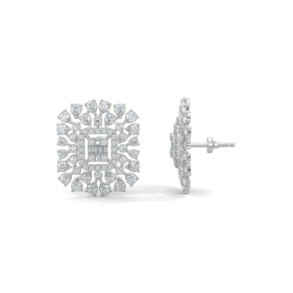 White Gold, Diamond Earrings, Natural diamond earrings, Lab-grown diamond earrings, Stud earrings, Luminescent cuts, Pear diamonds, Round diamonds, Baguette diamonds, LuminescentCutsStuds, Diamond jewelry, Elegant earrings