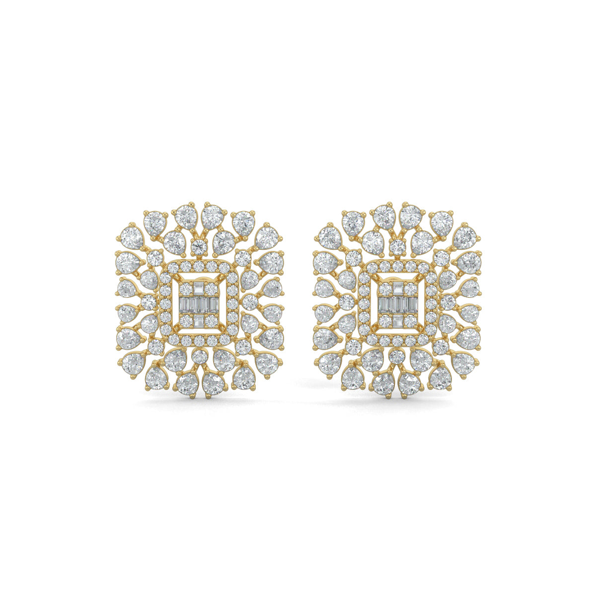 Yellow Gold, Diamond Earrings, Natural diamond earrings, Lab-grown diamond earrings, Stud earrings, Luminescent cuts, Pear diamonds, Round diamonds, Baguette diamonds, LuminescentCutsStuds, Diamond jewelry, Elegant earrings