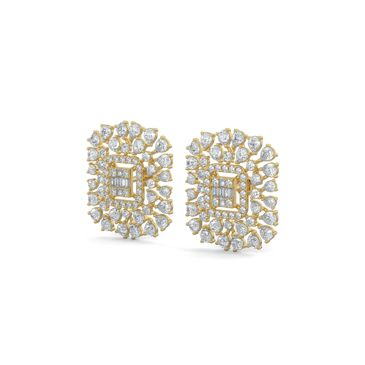 Yellow Gold, Diamond Earrings, Natural diamond earrings, Lab-grown diamond earrings, Stud earrings, Luminescent cuts, Pear diamonds, Round diamonds, Baguette diamonds, LuminescentCutsStuds, Diamond jewelry, Elegant earrings