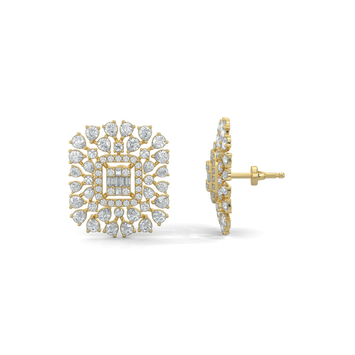 Yellow Gold, Diamond Earrings, Natural diamond earrings, Lab-grown diamond earrings, Stud earrings, Luminescent cuts, Pear diamonds, Round diamonds, Baguette diamonds, LuminescentCutsStuds, Diamond jewelry, Elegant earrings
