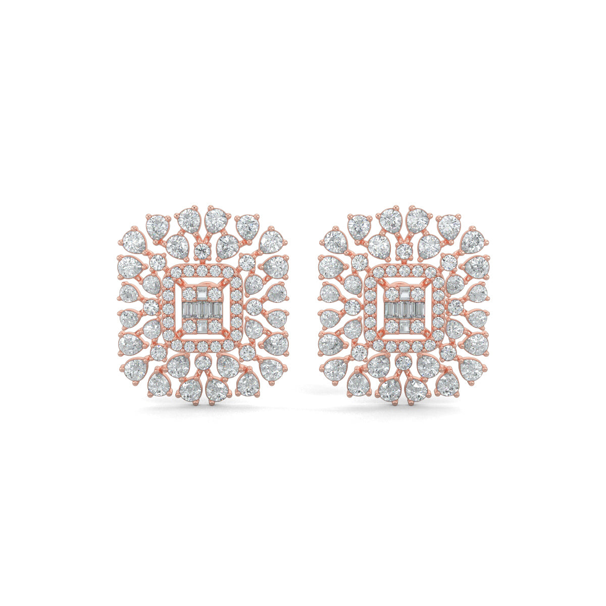 Rose Gold, Diamond Earrings, Natural diamond earrings, Lab-grown diamond earrings, Stud earrings, Luminescent cuts, Pear diamonds, Round diamonds, Baguette diamonds, LuminescentCutsStuds, Diamond jewelry, Elegant earrings