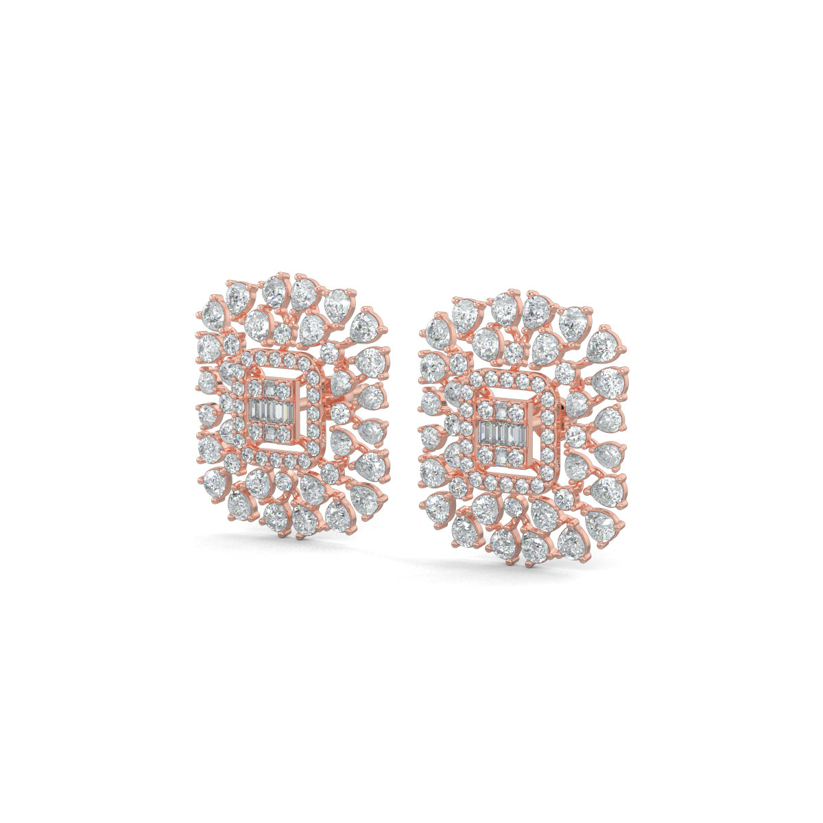 Rose Gold, Diamond Earrings, Natural diamond earrings, Lab-grown diamond earrings, Stud earrings, Luminescent cuts, Pear diamonds, Round diamonds, Baguette diamonds, LuminescentCutsStuds, Diamond jewelry, Elegant earrings