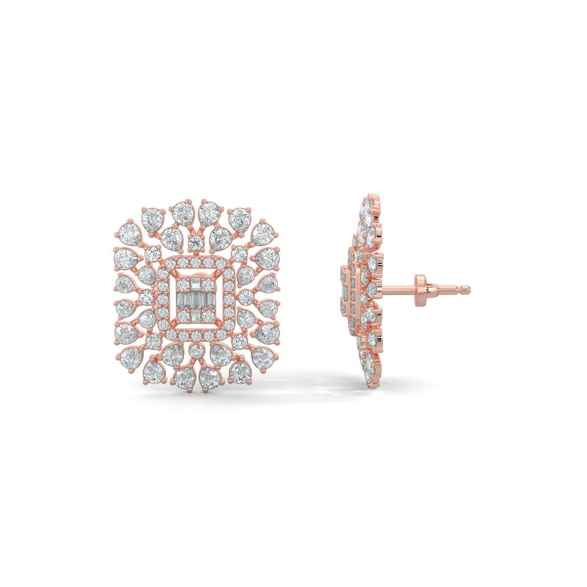 Rose Gold, Diamond Earrings, Natural diamond earrings, Lab-grown diamond earrings, Stud earrings, Luminescent cuts, Pear diamonds, Round diamonds, Baguette diamonds, LuminescentCutsStuds, Diamond jewelry, Elegant earrings