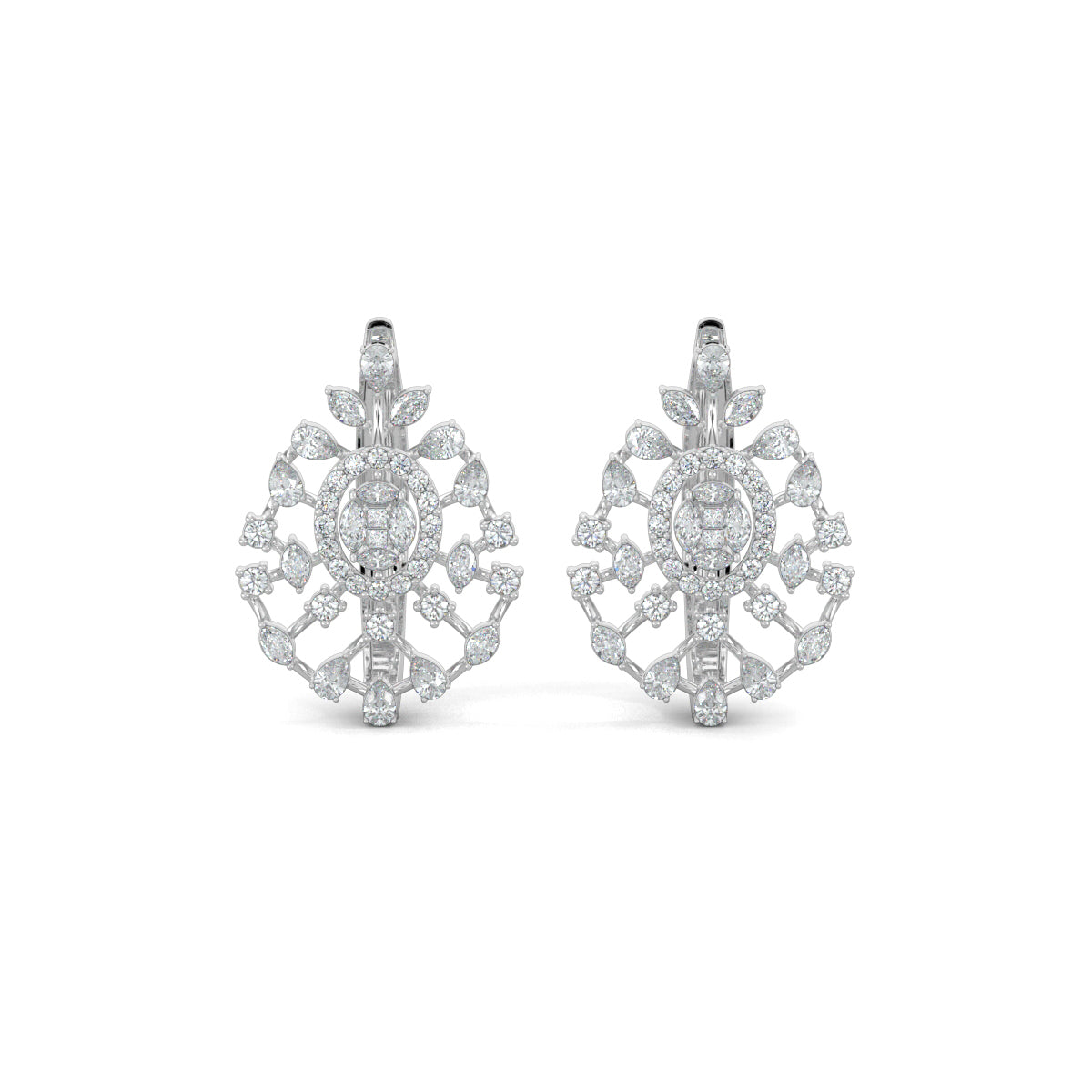 White Gold, Diamond Earrings, Natural diamond earrings, Lab-grown diamond earrings, Mosaic diamond earrings, mid-length diamond earrings, pear marquise round cut diamonds, scattered diamond earrings