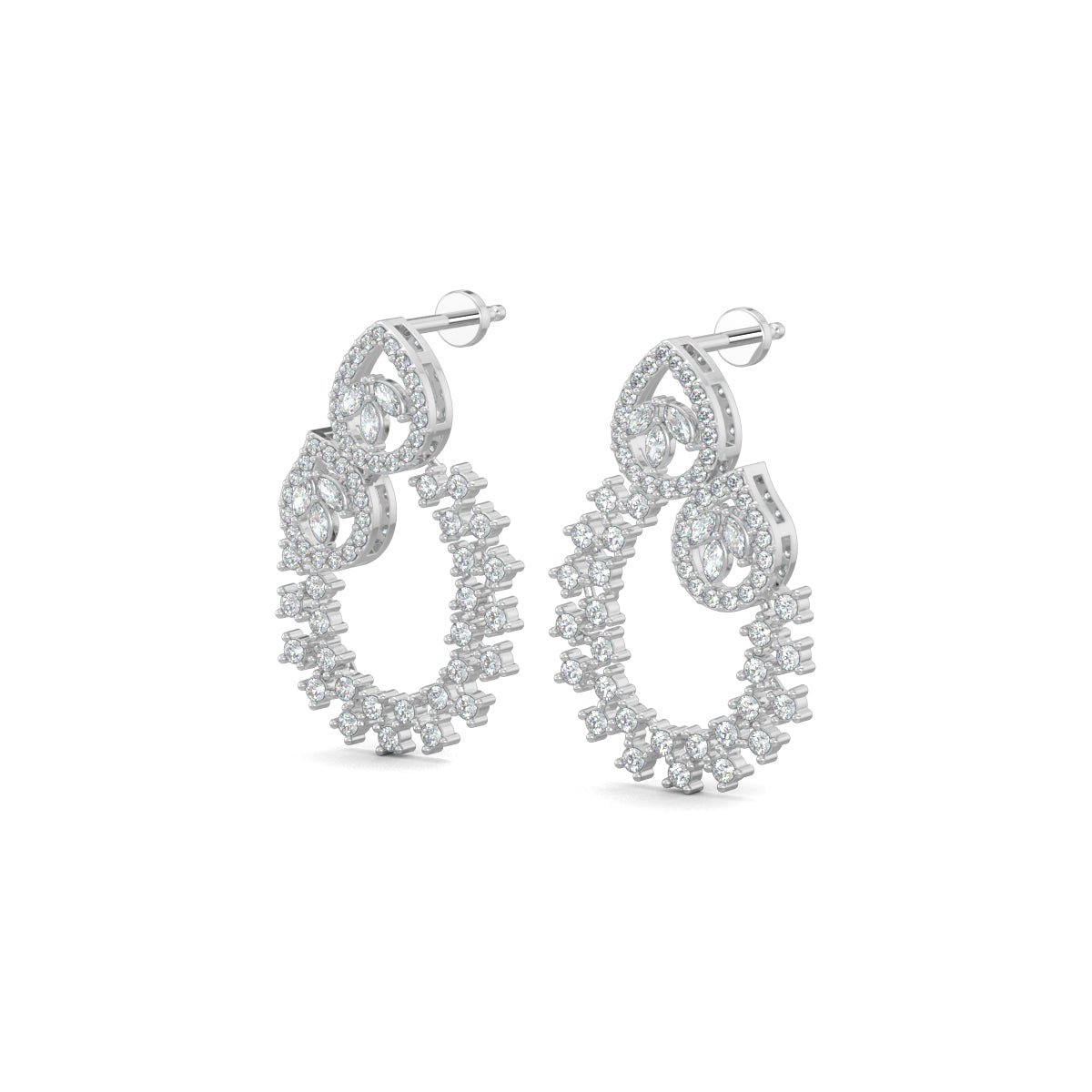 White Gold, Diamond Earrings, Natural diamond earrings, Lab-grown diamond earrings, traditional design earrings, mid-length diamond earrings, pear-shaped diamonds, oval diamond earrings, marquise-cut diamonds, round diamonds, elegant diamond jewelry