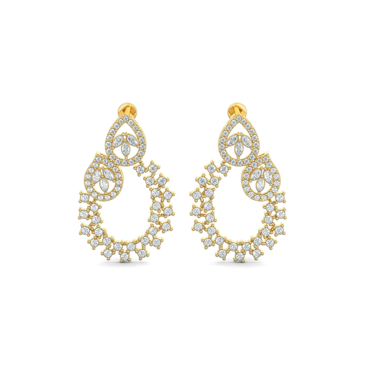 Yellow Gold, Diamond Earrings, Natural diamond earrings, Lab-grown diamond earrings, traditional design earrings, mid-length diamond earrings, pear-shaped diamonds, oval diamond earrings, marquise-cut diamonds, round diamonds, elegant diamond jewelry