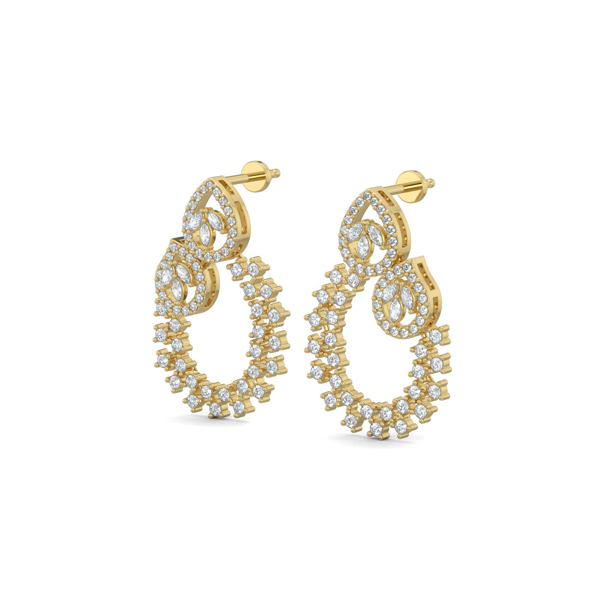 Yellow Gold, Diamond Earrings, Natural diamond earrings, Lab-grown diamond earrings, traditional design earrings, mid-length diamond earrings, pear-shaped diamonds, oval diamond earrings, marquise-cut diamonds, round diamonds, elegant diamond jewelry