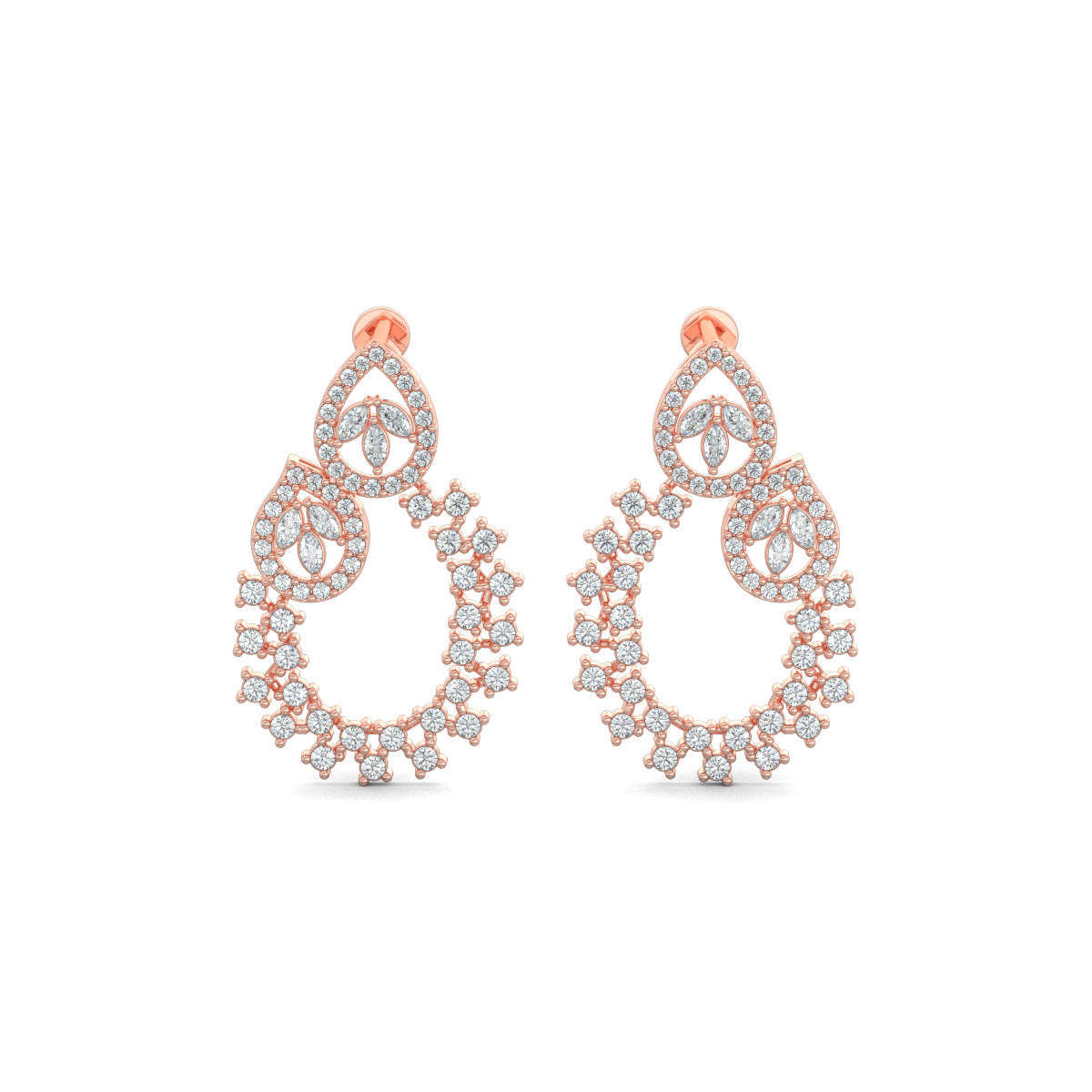 Rose Gold, Diamond Earrings, Natural diamond earrings, Lab-grown diamond earrings, traditional design earrings, mid-length diamond earrings, pear-shaped diamonds, oval diamond earrings, marquise-cut diamonds, round diamonds, elegant diamond jewelry
