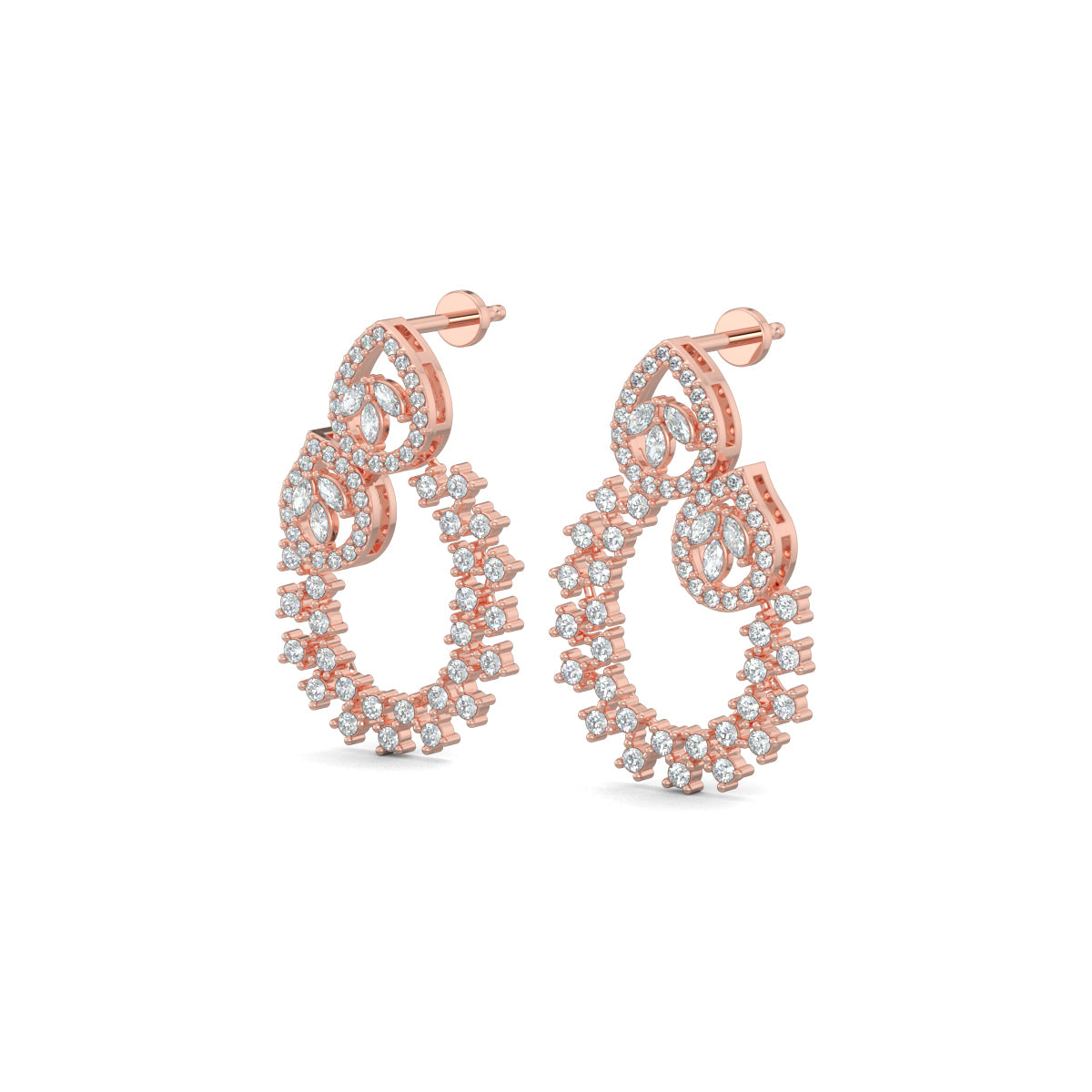 Rose Gold, Diamond Earrings, Natural diamond earrings, Lab-grown diamond earrings, traditional design earrings, mid-length diamond earrings, pear-shaped diamonds, oval diamond earrings, marquise-cut diamonds, round diamonds, elegant diamond jewelry