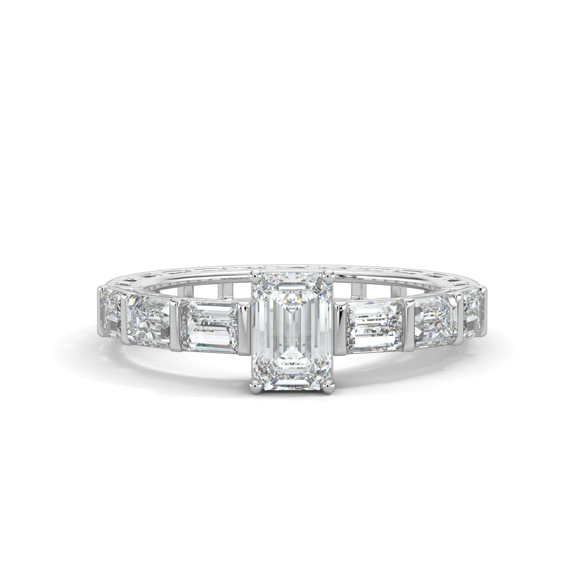 White Gold, Diamond Ring, Natural diamond ring, Lab-grown diamond ring, emerald solitaire ring, eternity band, gallery-normal band, baguette diamonds, luxury jewelry, special occasion ring, emerald dreamscape band, elegant ring.